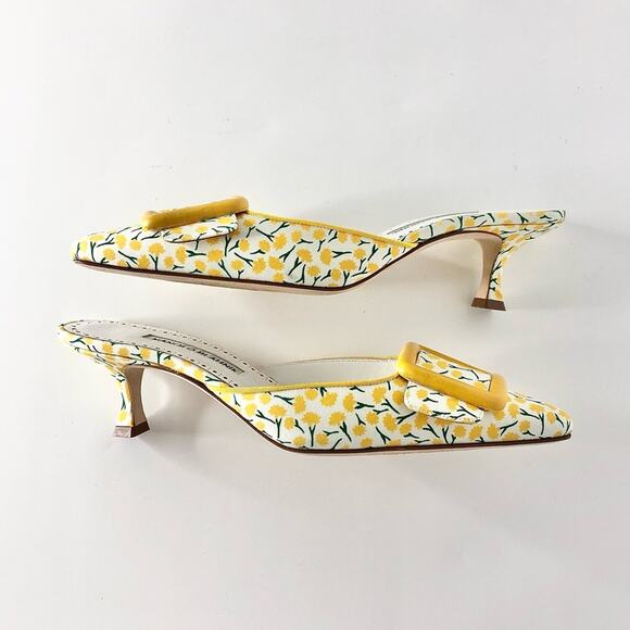 Manolo Blahnik Maysalebi Yellow Flower Print Slip On Kitten Heel Mules 37.5 - Picture 4 of 9